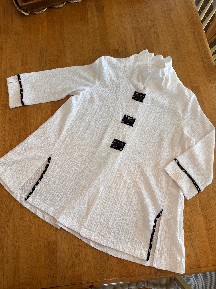 White Ruffled Neck Textured Blouse With Contrast Trim
